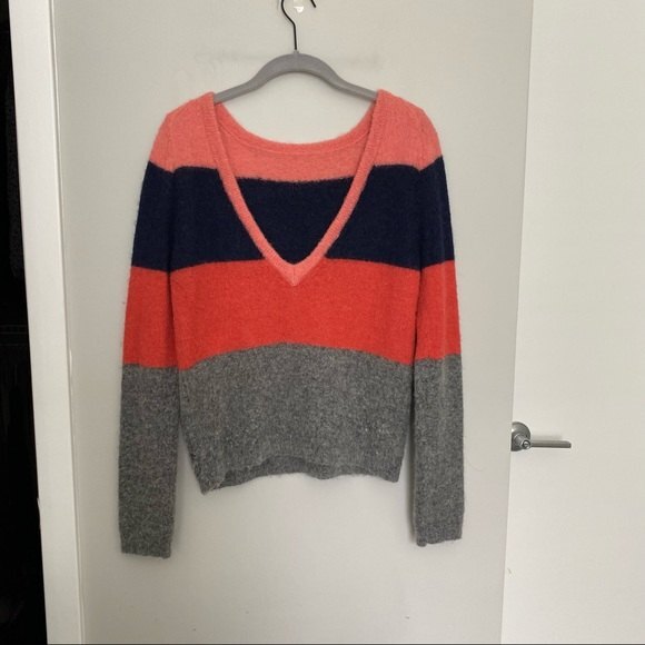 Equipment Femme Sweater Calais Striped Peach Gray Blue Alpaca Wool Low V-Back - Picture 2 of 7